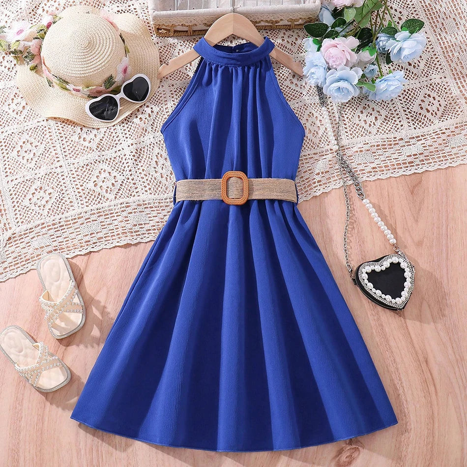 Elegant Summer Princess Dress for Teen Girls with Halter Neck and Off-Shoulder Children Sleeveless Casual Clothes with Belt