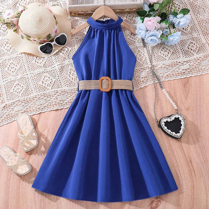 Elegant Summer Princess Dress for Teen Girls with Halter Neck and Off-Shoulder Children Sleeveless Casual Clothes with Belt