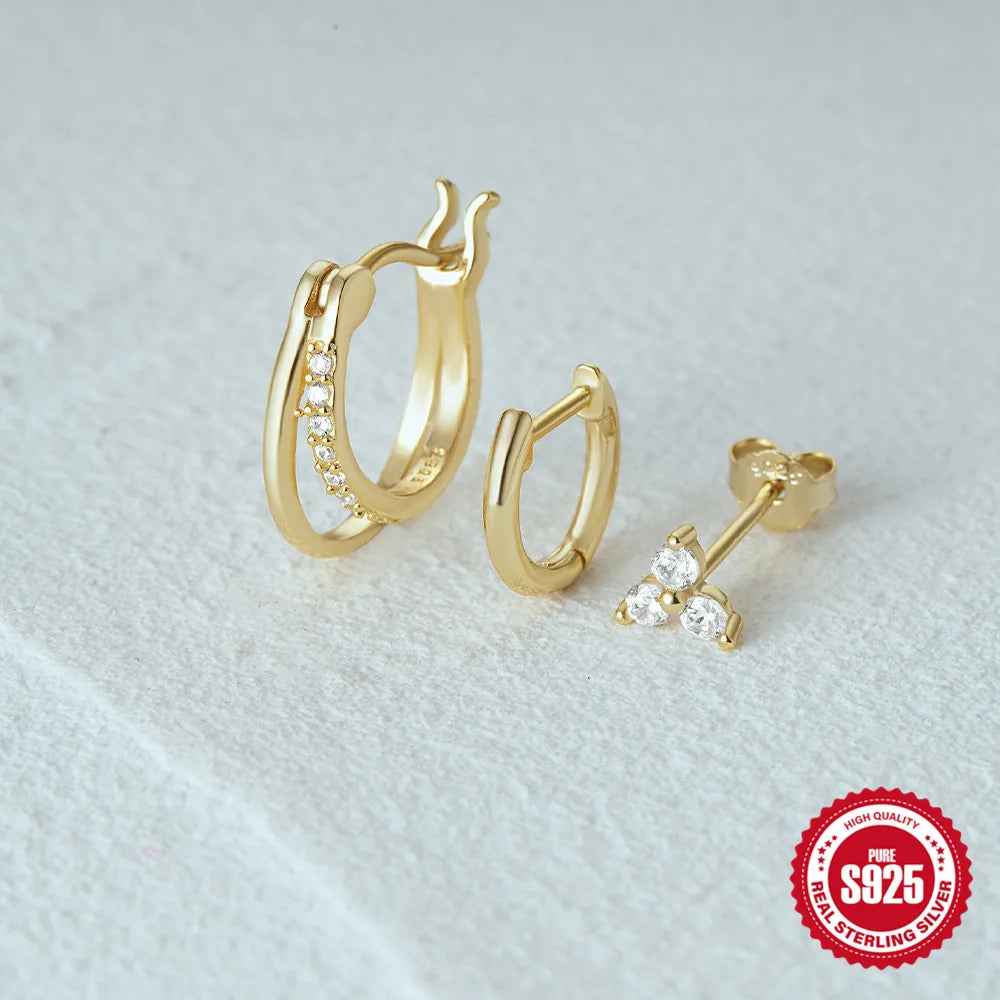 925 Sterling Silver 3PCS Zircon Double Layer Hoop Earrings For Women Minimalism Ins Earrings Fine Jewelry Party Gift