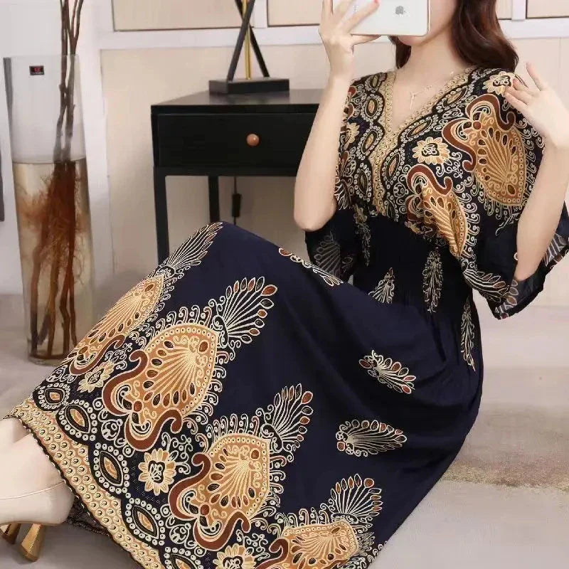 Flower V-neck Elastic Youthful Bohemian Sweet Midi Dress Woman Clothes Chic Fashion Summer Dresses 2025 Large Swing Ski