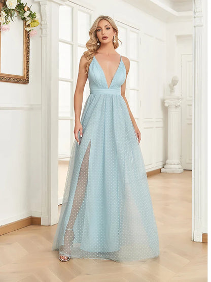 Elegant A-line Chiffon Evening Dresses Luxury Floor Lenght Backless Formal Deep V-neck Women Tulle Caicktail Wedding Party Gowns