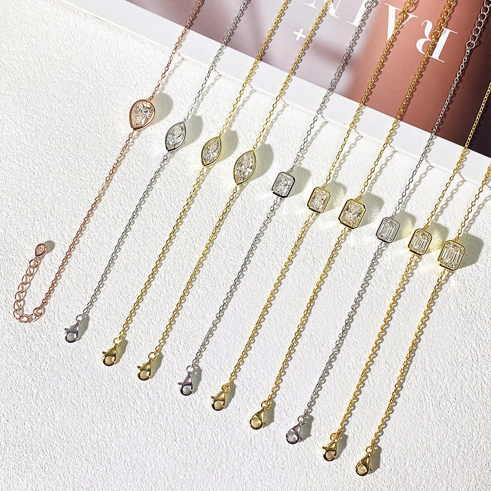 Dainty All Pear Round Cut Moissanite Finger Chain Bracelets Women 14-20cm Wrist Size Adjustable s925 Silver Hand Jewelry