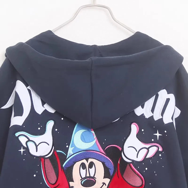 Moletom de Lã Bordado com Estampa de Desenho Animado do Castelo Mundial Letra Mágica Mickey Mouse Feminino com Zíper e Capuz VELUDO Blusa