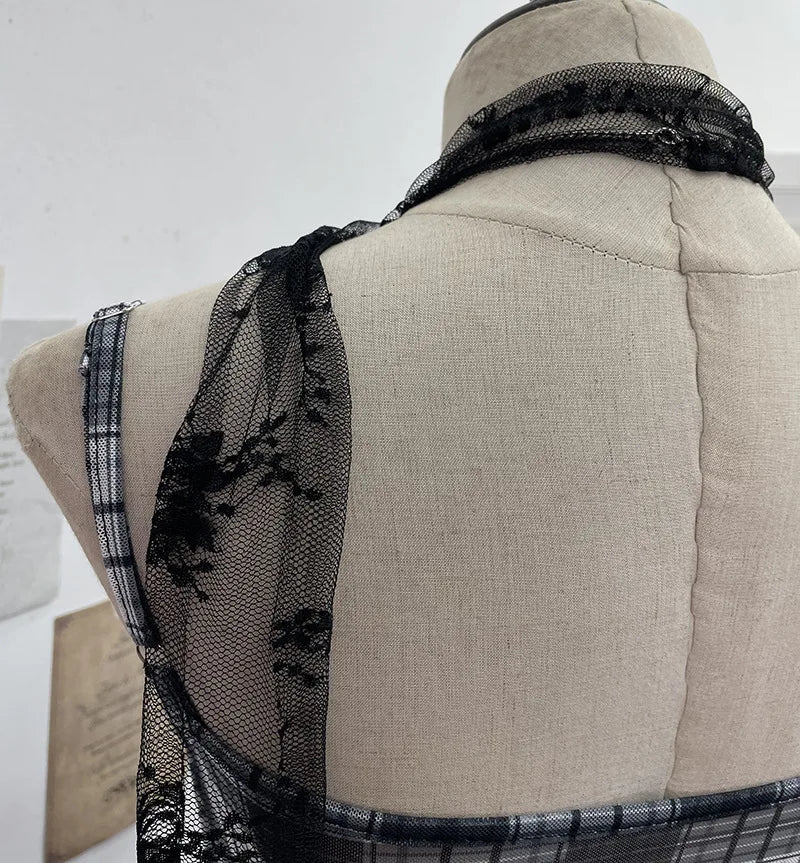 Y2K Plaid Camisole for Women Summer Casual Lace Scarf Breathable Stretch Mesh Patchwork Asymmetrical Ruffle Slim Tops