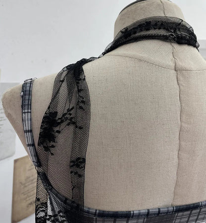 Y2K Plaid Camisole for Women Summer Casual Lace Scarf Breathable Stretch Mesh Patchwork Asymmetrical Ruffle Slim Tops