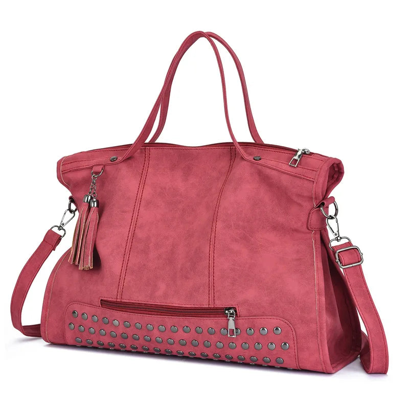 Vintage Designer Luxury Women Tote Bag Casual Lage Capacity Handbags Fashion Rivet Tassel PU Leather Female Shoulder Bag