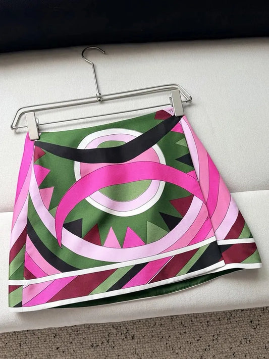 Summer Fashion Party Geometric Print High Quality Real Silk A-Line Mini Skirt Women's Buckle Strap Middle Waist Slim Short Skirt