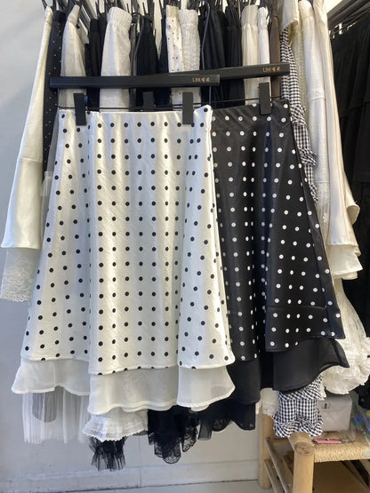 Elegant Satin Women Skirts Solid Zipper Faldas Mujer Ladies Double-layer Casual Chic Black White Dot Mini Skirt Korean Summer