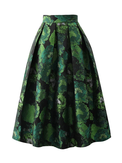 High Quality Elegant Lady Hepburn Style Mid-long Puff Skirt All-match Spring Autumn High Waist Green Jacquard Women A-line Skirt
