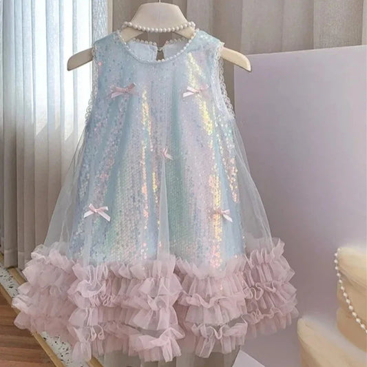 Girls Dress Cotton Summer New Childrens Clothing Korean Style Girls Baby Bow Glittering Princess Skirt Casual Simple Daily Party