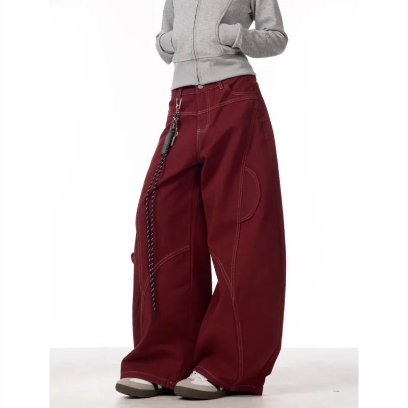 Calça Cargo Jeans Casual Vermelha Feminina Calça de Trabalho Folgada Reta Perna Larga Calça Coreana Primavera Estilo Preguiçoso Confortável Chique