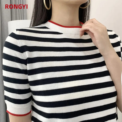 Summer Women's O-Neck Striped 100% Cotton Short Sleeve T-Shirt With Loose Pullover Casual Knit Top High Quality 5 Sizes