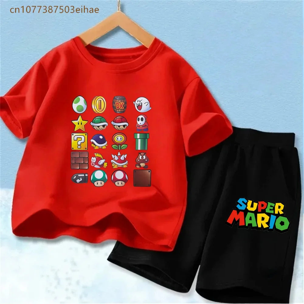 Summer Casual Kids Clothing Set Mario Cartoon Print Pure Cotton Short Sleeve Tee And Shorts 2PCS Wear For Boys Girls