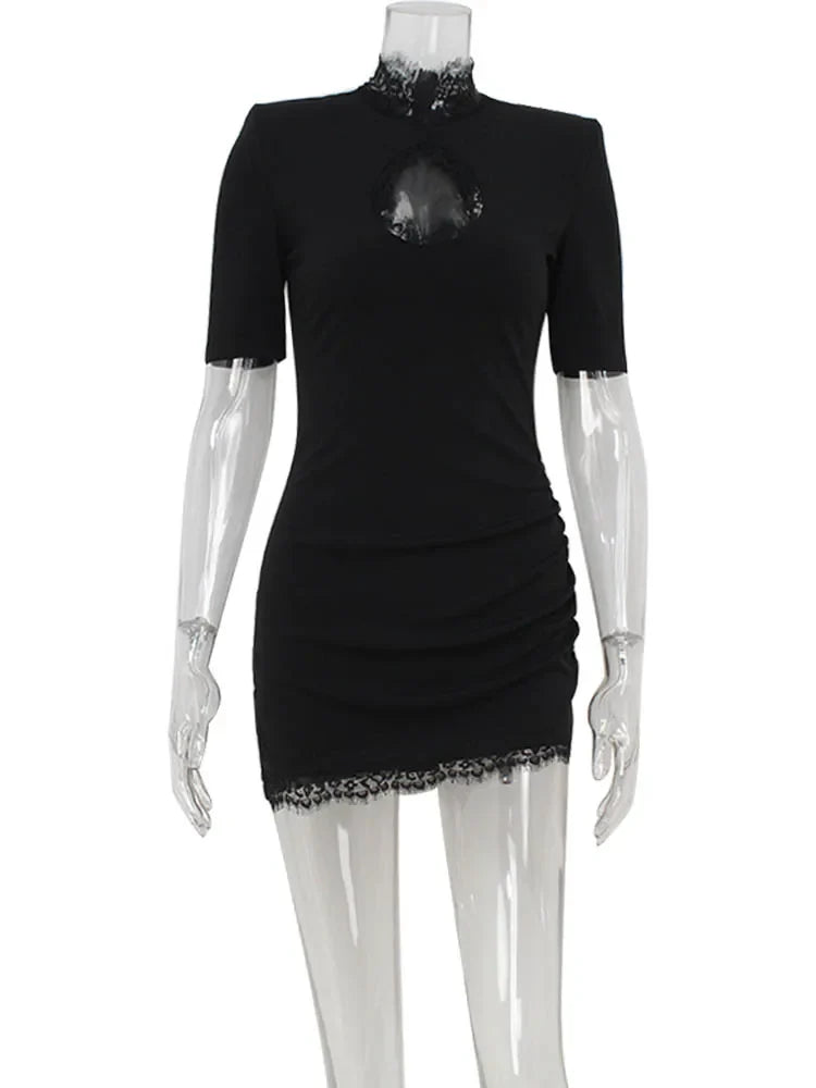 Sheath Women's Mini Dresses Solid Lace Turtleneck Slim Fit Bodycon Hollow Out Half Sleeves Streetwear Vestidos Robe
