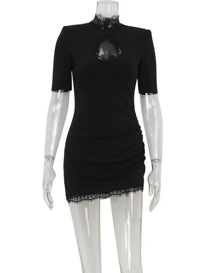 Sheath Women's Mini Dresses Solid Lace Turtleneck Slim Fit Bodycon Hollow Out Half Sleeves Streetwear Vestidos Robe