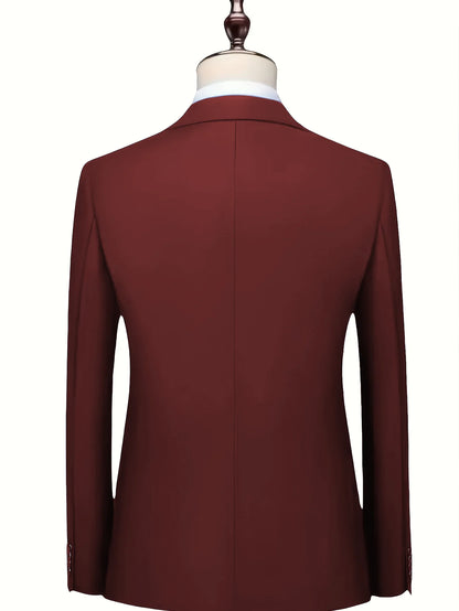 Men's Burgundy 2-Piece Suit Set (Blazer + Trousers Only, No Vest Included),Slim Fit Formal Business Wedding Party Jacket & Pants