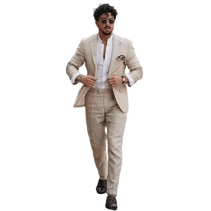 2 Piece Casual Beige Linen Men Suits Single Breasted Slim Fit Notch Lapel Blazer with Pants High Quality Wedding Costume Homme