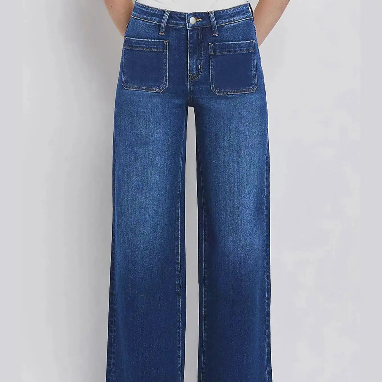 Women's High Waist Wide Leg Jeans - Classic dark blue washed stretch jeans