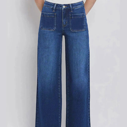 Women's High Waist Wide Leg Jeans - Classic dark blue washed stretch jeans