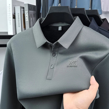 2025 Winter Men's Fashion New Collection with Velvet Long Sleeve T-shirt, Collar with Mulberry Silk and Wool Warmth POLO Sweater