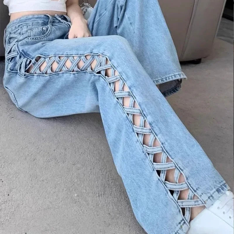 Calça Jeans Feminina Casual Mom Desfiada Cintura Alta Calça Larga Botão Zíper Perna Larga Calça Solta para Escritório Primavera Balada Y2k Streetwear