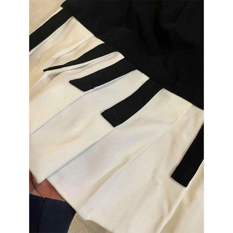 Spring Women Piano Skirt Black White Contrast Pleated Mini Skirt Y2K Harajuku Empire Waist Slim Short Skirt Streetwear