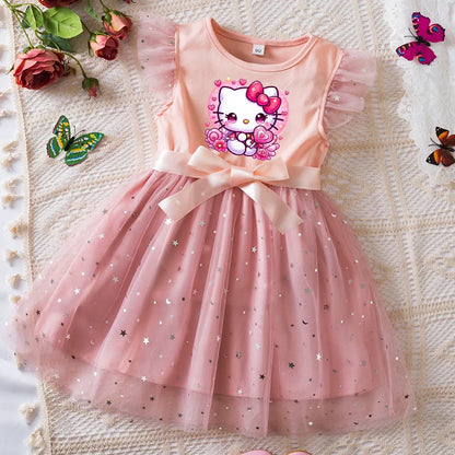 Girls Sequin Tutu Dress with Bow Flutter Sleeves Summer Princess Party Outfit for Toddler Kids 2-6 Years