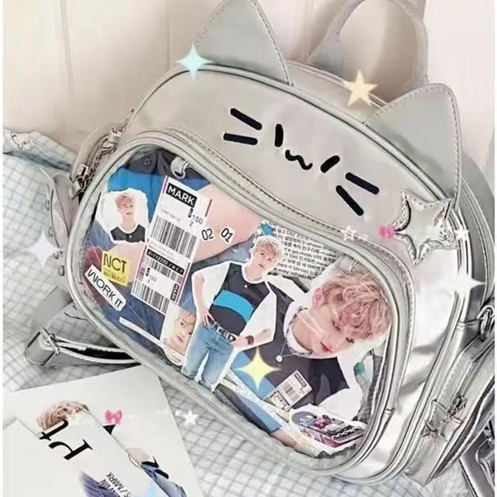 Korean Kawaii Cat Lolita Bag Cute PU Shoulder Bag Girls Transparent Pocket Harajuku Crossbody Bag Women's Fashion Backpacks