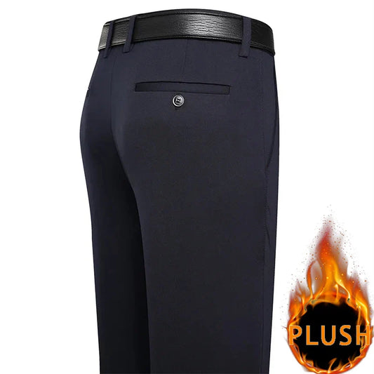 New Winter Plush Pants Mens Stretch Smart Casual Trousers Black Navy Blue Straight Loose Man Big Size Dress Suit Pants