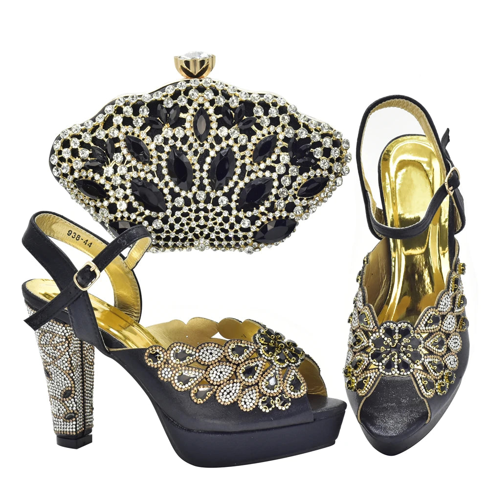 New Arrival Italian Party Shoes and Bag Set Decorated with Rhinestone African Women Wedding Shoes Bride Plus Size Women Shoes 43