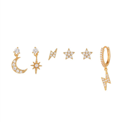 6PCS Fashion Cubic Zirconia Chain Star Moon Hoop Earring Set for Women Stainless Steel Pendant Cartilage Piercing Jewelry