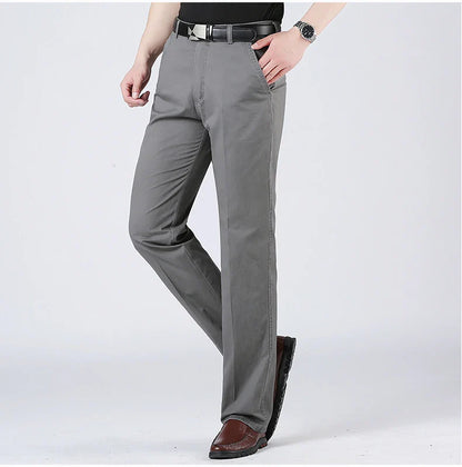 Cotton Pants Men's Straight Leisure Business Trousers Solid Autumn Winter Chinos Belted Pants Dad Elderly Formal Trousers