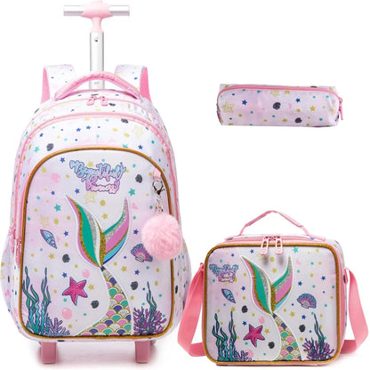 Children's Wheeled Backpack Bag Set with Lunch Box School Rolling Backpack Bag with Wheels School Trolley Backpack Bag for Girls