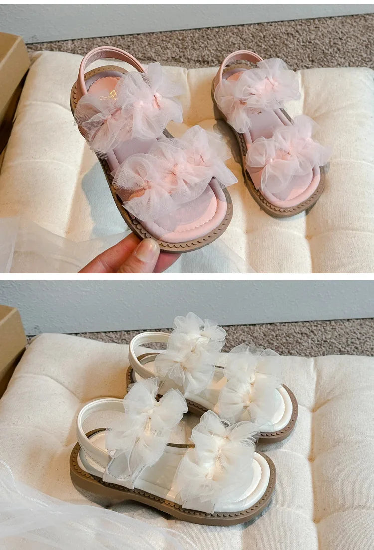 Girls' Sandals 2024 Summer New Fairy Style Princess Sandals with Mesh Bow Kids Versatile Fashion Sweet Beach Shoes for Vacation