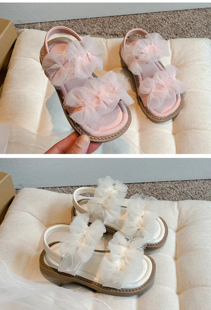Girls' Sandals 2024 Summer New Fairy Style Princess Sandals with Mesh Bow Kids Versatile Fashion Sweet Beach Shoes for Vacation