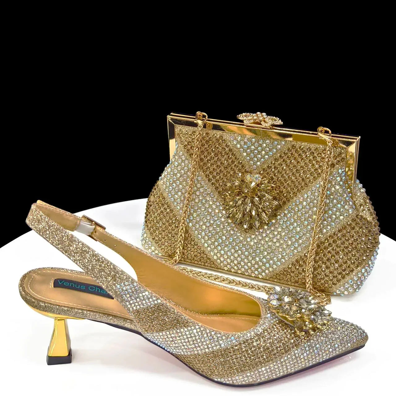 Italian Design Rhinestone Luxury Wine Colour Pointed Toe Shoe & Bag Set Women's High Heels for Parties