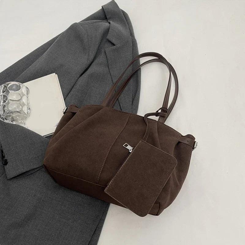 Suede Shoulder Bags for Women Large Suede Totes Lightweight Underarm Bag Casual Shopper Handbag Solid Color Travel Bucket Bags