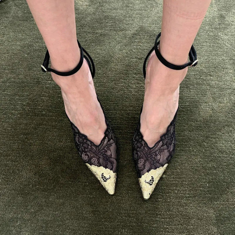Fashion Lace Sequin Hollow Out Mesh Women Pumps Sexy Pointed Toe Designer Low Heels Slingback Sandals Ladies Shoes