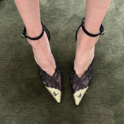Fashion Lace Sequin Hollow Out Mesh Women Pumps Sexy Pointed Toe Designer Low Heels Slingback Sandals Ladies Shoes