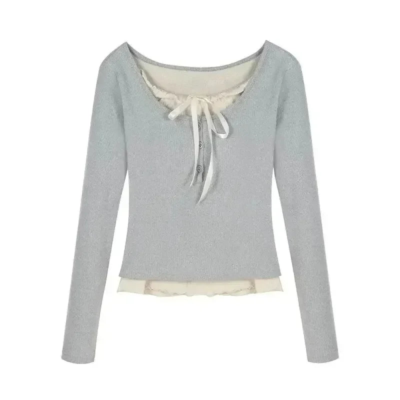 2026 Summer Kawaii Sweet Y2k Crop Tops Woman Casual Slim Long Sleeve Blouse Solid Korean Fashion Bodycon Pullover Office Lady