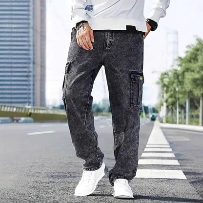 Korean Casual Comfortable Loose Fitting Jeans For Men Large Pocket Jeans Seasons Straight Leg Pants Work Pants