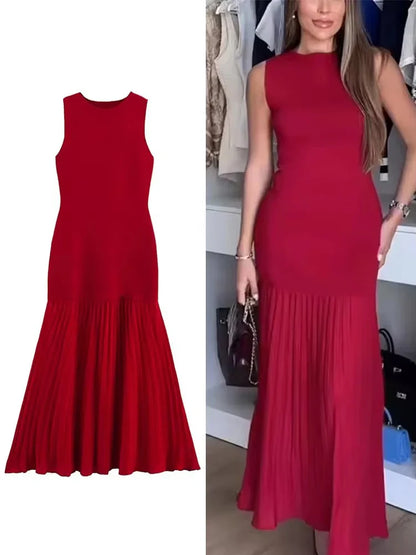 Spring Summer New Women's Dress Pleated Patchwork Simple Temperament Knitted Sleeveless Long Dresses for Women 2025
