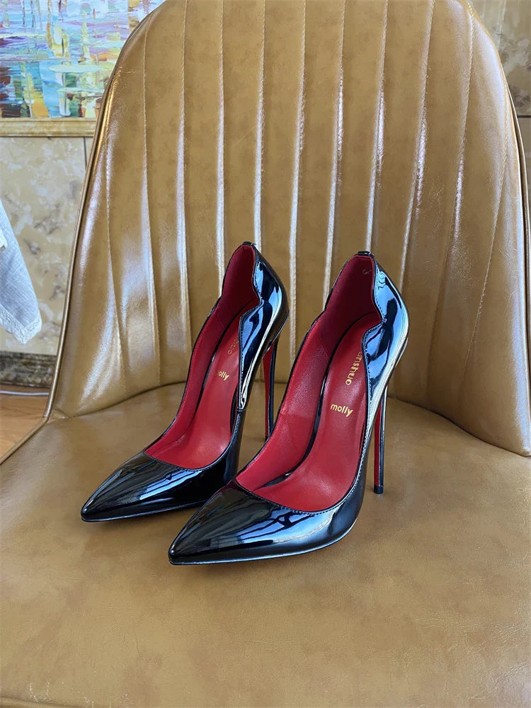 Spring and Autumn New Lacquer Wave V-neck High Heels 12cm Fashionable and Sexy Commuting Single Shoes