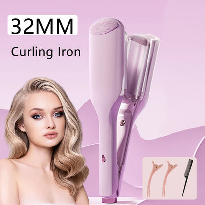 Curling Iron Hair Crimper 32mm Waver Beach Waves Curling Wand, Ionic Deep Waver Hair Curler Tool with Ceramic Pink, 1.25 Inch
