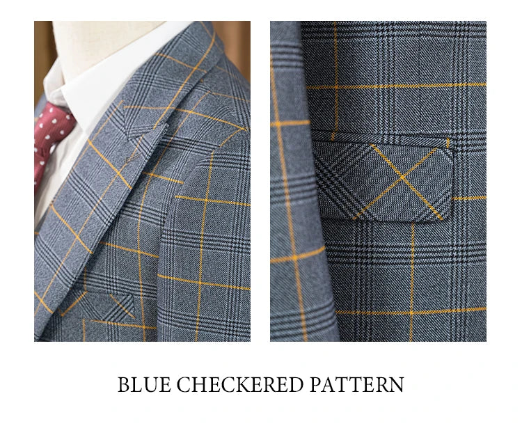 Dark blue 3 Piece Checkered Suit Set  Stylish Business Office Wedding Formal Outfit Elegant full man suit