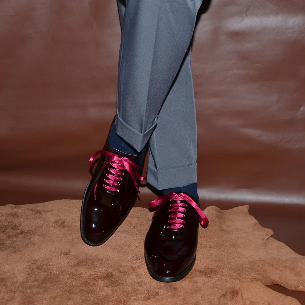 Luxury Men's Dress Shoes Burgundy Smooth Patent Leather Italian Whole Cut Plain Toe Oxford Lace-Up Wedding Party Formal Shoes