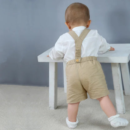 Baby Boy Gentleman Outfits Infant Cotton Linen Stand Collar Short Sleeve Shirts+Suspender Shorts Little Kid Overalls Clothes Set