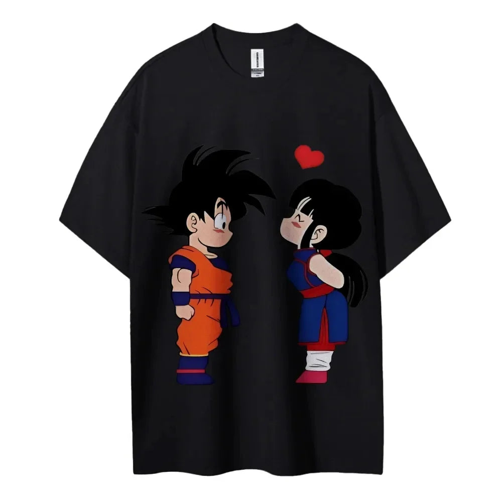 Cute Couple Print Oversized Crew Neck T-Shirt 100% Cotton Casual Tops for Men Women Kids