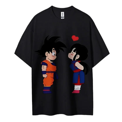 Cute Couple Print Oversized Crew Neck T-Shirt 100% Cotton Casual Tops for Men Women Kids