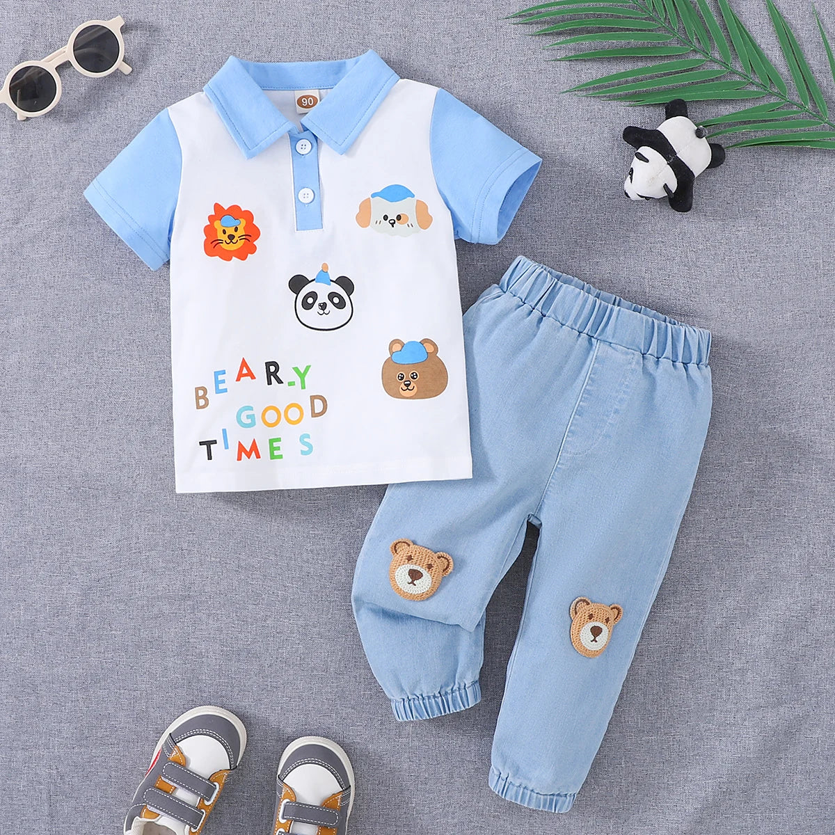 Baby Boy Summer Casual Animal Print Polo Shirt + Jeans Two-Piece Set Infant Clothing Outfit